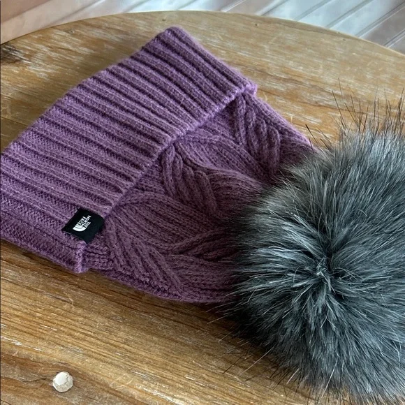 The North Face Youth Purple Knit Beanie with Fluffy Gray Pom-Pom - Picture 12 of 15